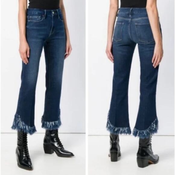 Frame Denim Le Crop Mini Boot in Bayberry Dark Blue Wash Fringe Hem size 24 - Picture 1 of 12